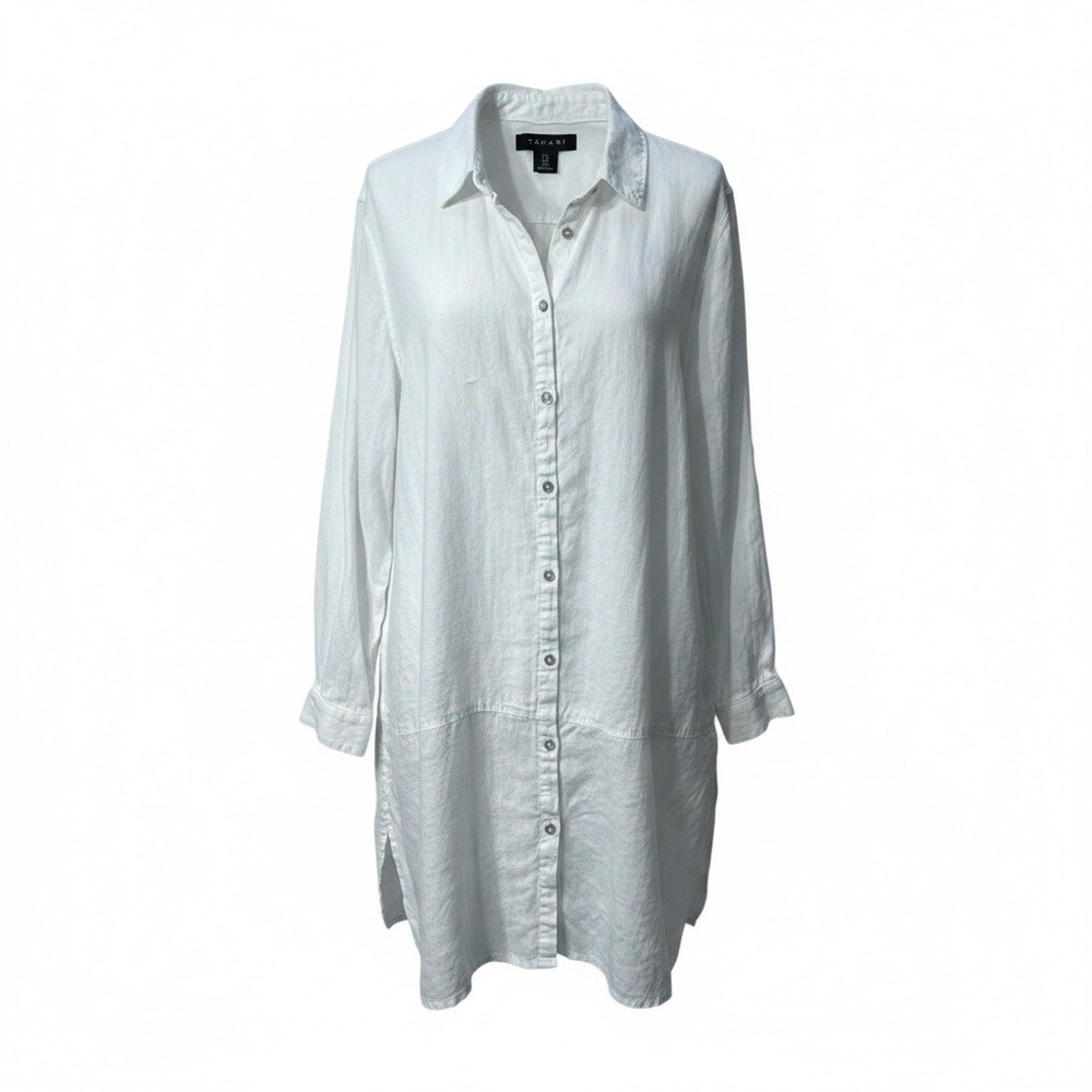 Tahari Linen Button Down Tunic Women 1X White Roll Tab Sleeve Coastal Minimalist